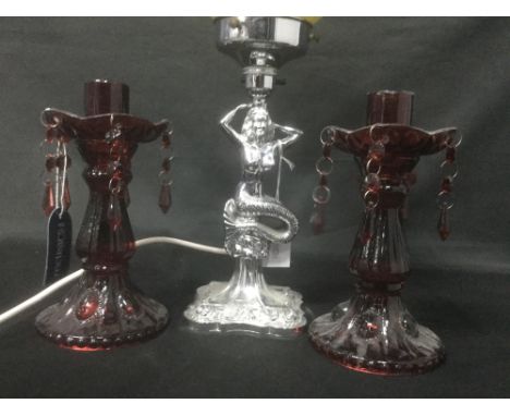 CHROMIUM TABLE LAMP WITH MERMAID CENTRE, also a pair of ruby glass lustres and a pair of green spiral moulded bottles (5)