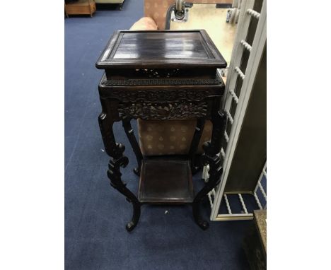 MAHOGANY CARVED PLANT STAND, along with a white painted stick stand