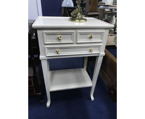 MODERN WHITE PAINTED SIDE TABLE, along with a lamp