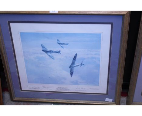 A framed Spitfires in Summer print signed by the artist and pilots, 65cm X 59cm postage unavailable 