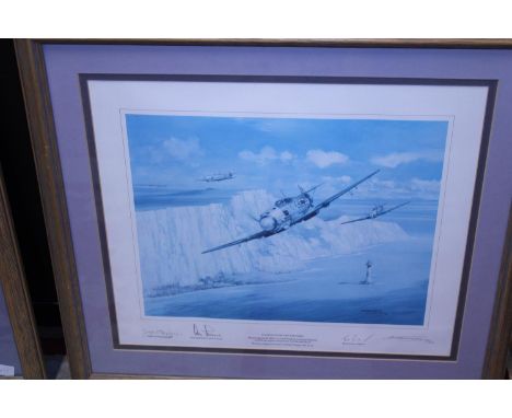 A framed print Eagles over the Channel signed by artist and pilots, 65cm X 59cm postage unavailable 