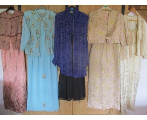 A quantity of 1970's - 1990's ladies beaded and bejewelled two-piece evening gowns with jackets to include a 1980's Frank Ush