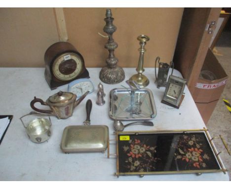 A selection of silver plated items, mantel clocks and other items to include a silver plated Victorian candlestick converted 