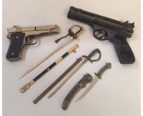 A Webley Senor .22 air pistol A/F together with a lighter fashioned as a semi-automatic M459 pistol and three sword letter op