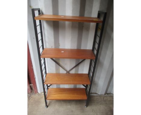 A mid 20th century Ladderax shelving unit consisting of two ladders, four teak shelves and eight shelf supports, 132h x 63cm 