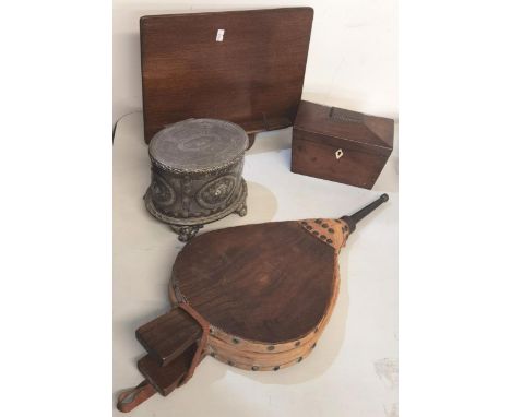 A mixed lot to include a 19th century sarcophagus shaped tea caddy together with a Victorian biscuit barrel, mahogany table t