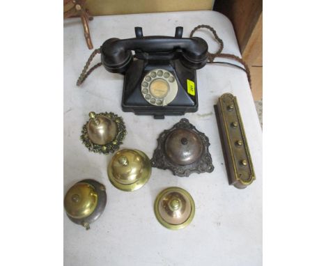 A vintage black cased 164 49 dial telephone with base slide, along with a collection of Victorian and later desk bells, and a