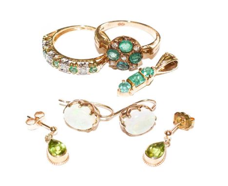 A pair of peridot drop earrings, stamped '9CT', length 1.4cm; a pair of opal doublet earrings, with hook fittings; a 9 carat 