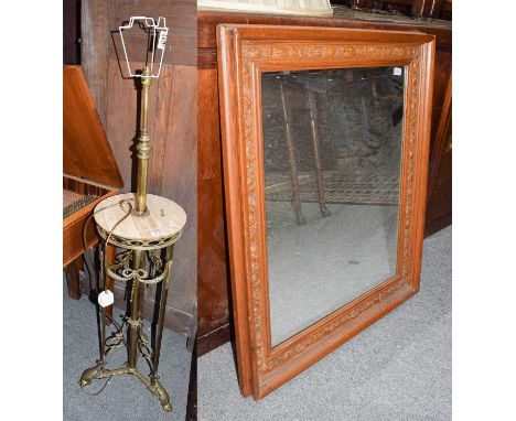 An onyx and gilt metal standard lamp together with two silk shades, 128cm including fitting; together with a wall mirror in c