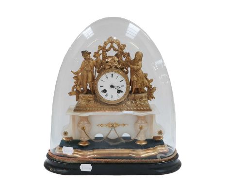 A 19th century French gilt metal and alabaster eight day striking mantel clock, surmounted by a shepherd and shepherdess, wit