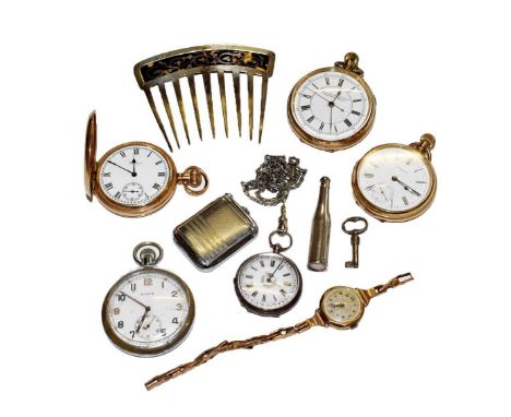 Three gold plated pocket watches, Cyma military pocket watch, silver lady's 9 carat gold wristwatch, silver small bottle, sil