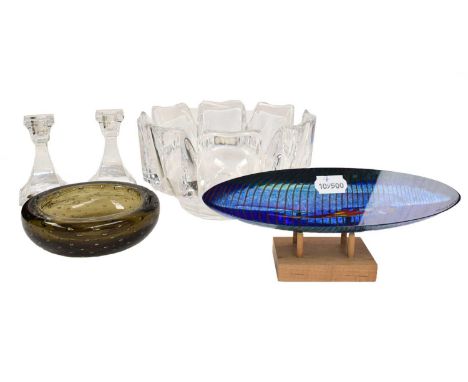 A Kost Boda glass navette form ornament on stand, an Orrefors bowl, pair of Villeroy &amp; Bosch candlesticks, and a Whitefri