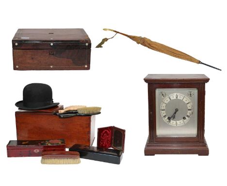 A mahogany mantel clock striking on two gongs; a rosewood work box, a mahogany travelling box; various dressing table items, 