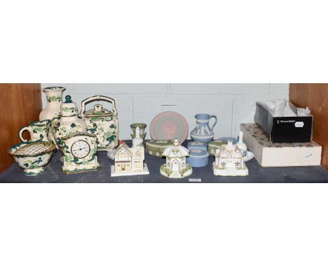 A collection of decorative ceramics including Wedgwood Jasperware, Masons ironstone Chartreuse table lamp tea kettle, two vas