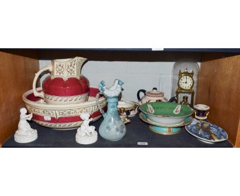 A group of 19th century porcelain including a Moore Brothers oil lamp base, a Mintons pedestal dish, a pearlware stand impres