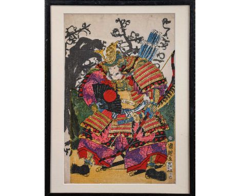 A framed Japanese Meiji period woodblock print portrait of a bearded man, 35cm by 24cm; four similar woodblock prints, depict