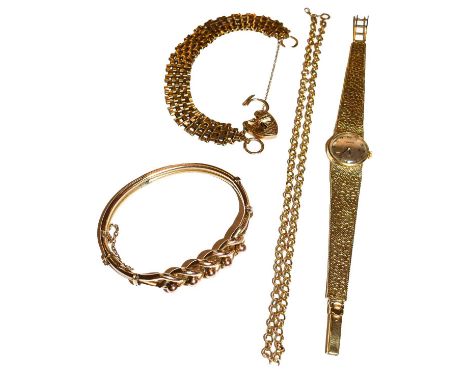 A hinged bangle stamped '9CT'; a gate link bracelet stamped '9' and '.375', length 18.5cm; a 9 carat gold trace link chain, l