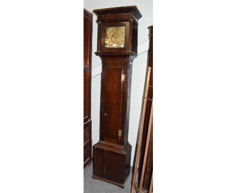 An oak thirty hour longcase clock, 9-1/4-inch square brass dial unsigned, single hand, later movement, 18th century and later
