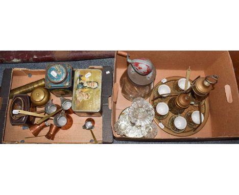 A Chinese presentation tea chest, a Turkish brass coffee set, a brass coffee grinder, three advertising tea tins, a Lipton br