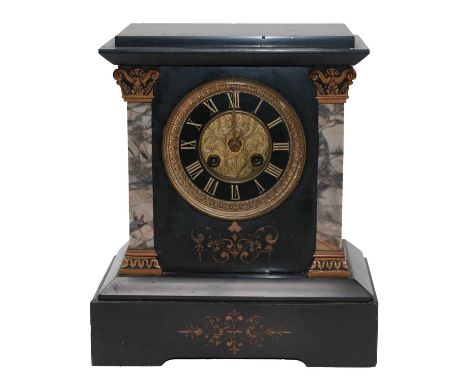 A Victorian black slate and marble striking mantel clockCondition report: The case with some small chips in parts. The surfac