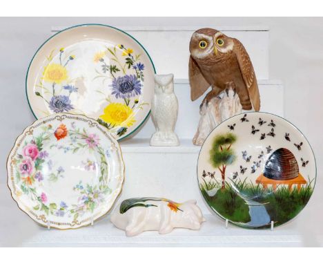 A Spode model Little Owl, together with a Belleek model of an owl, Griselda Hill Pottery after Wemyss including a sleeping pi