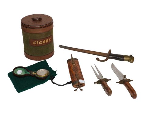 A Leather cigar box, a 19th century leather-cased pocket barometer with silvered dial inscribed Compensated, a bayonet (a.f),