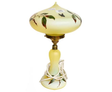 A frosted Vaseline glass table lamp and shade decorated with fruiting branches and butterflies, 38cm highCondition report: In