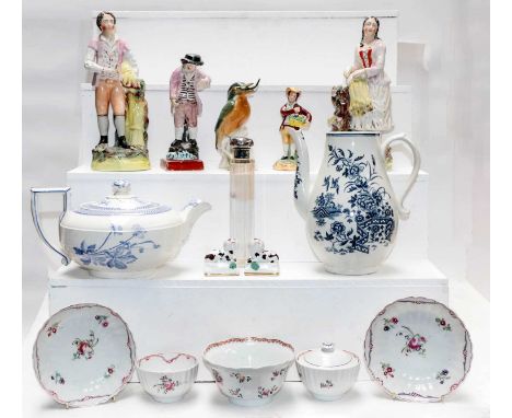 A tray of 18th century and later ceramics including a Worcester blue and white baluster coffee pot (lacking cover) in the Zig