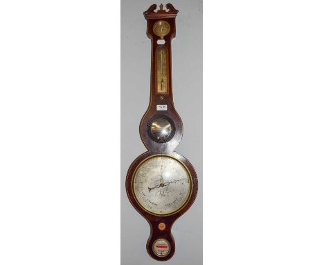 A string inlaid mahogany wheel barometer with silvered dial