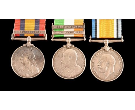A Boer War Medal pair and Great War medal awarded to: 907 Corporal F. Whale Queen's Royal West Surrey Regiment. Comprising: a