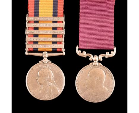 A Boer War LSGC medal pair awarded to: 5486 Quartermaster Sergeant A. Sabine, Army Service Corps. Comprising: a Queen’s South