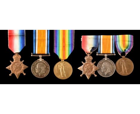 Killed in Action. Two Great War Medal Trios, each comprising the 1914 Mons Star, the British War Medal and the Victory Medal 