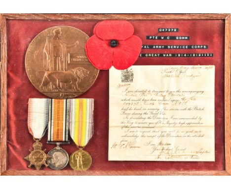 A Great War medal trio and Memorial plaque to: 047372 Private William Charles Gomm, Royal Army Service Corps. Comprising a 19