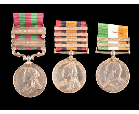 An India and Boer War Medal trio awarded to: 5028 Private. R. Barker, 2nd Battalion, King's Own Light Infantry. Comprising: a