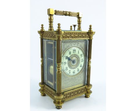 19TH CENTURY GILT BRASS, 4 GLASS REPEATER CARRIAGE CLOCK, ENAMELLED CHAPTER RING WITHIN AN ENGRAVED GILT BRASS MASK, WITH ORI