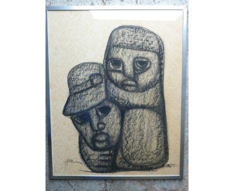 SOUTH AFRICAN ART, ABSTRACT CHARCOAL SKETCH DEPICTING 2 FIGURES, APPROX. 62 X 50 cm INDISTINCTLY SIGNED