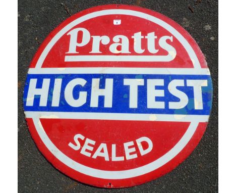 ENAMEL ADVERTISING SIGN PRATTS HIGH TEST VINTAGE CIRCULAR ADVERTISING SIGN APPROX. 36 INS. DIAMETER