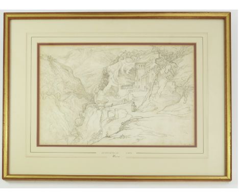 SKETCH DEPICTING MOUNTAINOUS SCENE ENTITLED 'AVVOCATELLA CAVA' , UWINS SIGNED BOTTOM RIGHT IN PENCIL APPROX 40 X 28 cm