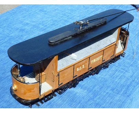 SCRATCH BUILT LARGE SCALE MOTORISED MODEL TRAM, BASED ON A WORKS TRAM CAR BCT PW DEPT APPROX 20 INCHES LONG IN WOODEN CASE