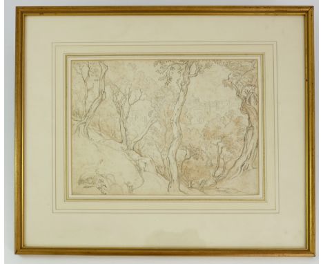 PEN AND INK SKETCH DEPICTING CITY AND WOODLAND, ABBOTT AND HOLDER LABEL VERSO THOMAS UWINS RA APPROX 29 X 22 cm