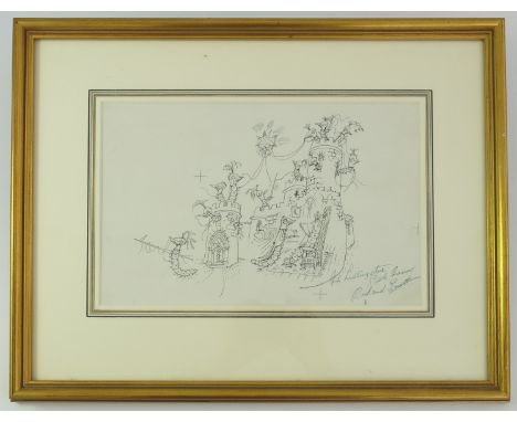PEN AND INK SKETCH DEPICTING FANTASY CASTLE AND CATERPILLAR KNIGHTS WITH INSCRIPTION ROWLAND EMETT  30 X 20 cm ARR