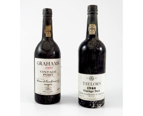 2 BOTTLES VINTAGE PORT, GRAHAMS 1977, BOTTLED 1979,  AND TAYLORS 1985