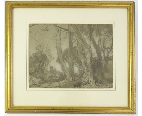WATERCOLOUR SKETCH WOODLAND SCENE LABELLED VERSO JAMES DUFFIELD HARDING OWS APPROX 25 X 20