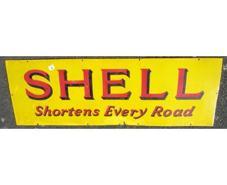 ENAMEL ADVERTISING SIGN SHELL SHORTENS EVERY ROAD APPROX 54 INS X 18 INS.
