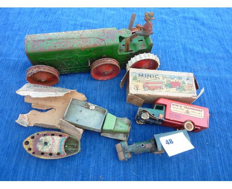  SELECTION OF OLDER TINPLATE INC. TRIANG TRACTOR, BOXED MINIC BOX VAN AND OTHER A/F TINPLATE