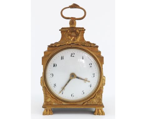 ORNATE FRENCH GILT METAL 'PENDULE D'OFFICER'  MANTLE CLOCK WITH APPLIED LAUREL WREATH DECORATION, FOLDING SERPENT HOOP HANDLE