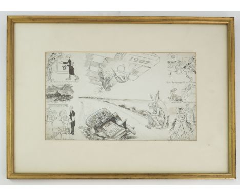 COMPOSITION SKETCH INCLUDING EARLY FLIGHT VINTAGE MOTOR CAR VARIOUS CARTOONS IN THE MANNER OF EMETT, APPROX. 35 X 23 cm