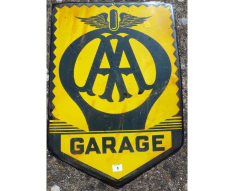 ENAMEL ADVERTISING SIGN AA GARAGE, APPROX. 22 INS. X 31 INS. SOME TOUCHING, FRANCO
