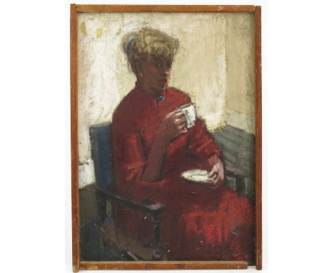 OIL ON BOARD, THREE QUARTER PORTRAIT OF A LADY WITH COFFEE ROYAL ACADEMY SCHOOLS LABEL VERSO, GERALD ROSE 57 X 41 cm
