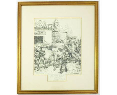 PEN AND INK SKETCH E H SHEPARD ENTITLED 'THE HEROES REWARD' DEPICTING GERMAN SOLDIERS AND CATTLE APPROX. 30 X 26 cm,&nbsp;ARR
